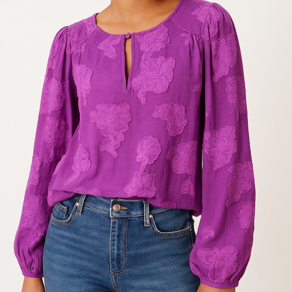 NWT LOFT Purple Floral Embroidered Sheer Lined Cotton Blend Blouse Women’s Small